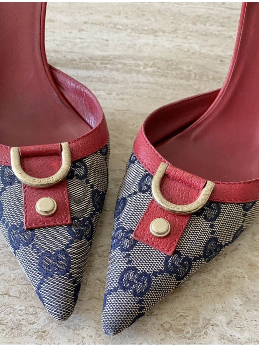 Gucci Navy GG Canvas Pointed Mules with Red Trim and Gold Hardware